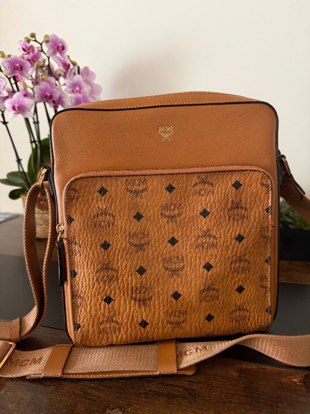 MCM Ottomar Messenger Bag Cognac Visetos Leather Crossbody